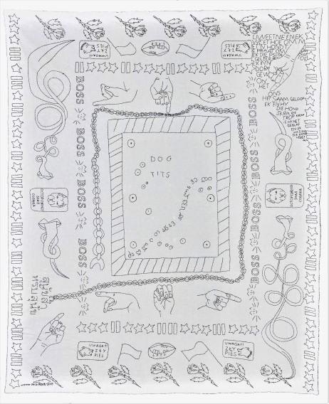 Monika Drożyńska, "Uwaga! Zły pies", 2019; haft ręczny na tkaninie, fot. Mateusz Torbus triennale 2022