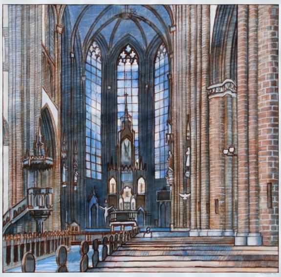 5 (Edycie Stein – kościół p. w. św. Michała Archanioła we Wrocławiu), z cyklu Znikający, 120x120 cm, tusz na papierze gruntowanym, 2021