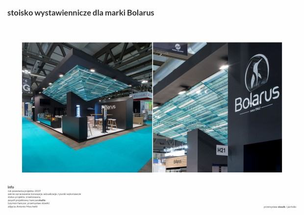 Zespół projektowy Przemysław Słowik, Szymon Hanczar, stoisko wystawiennicze dla marki Bolarus, zdj. Antonio Mocchetti Zespół projektowy Przemysław Słowik, Szymon Hanczar, stoisko wystawiennicze dla marki Bolarus, zdj. Antonio Mocchetti