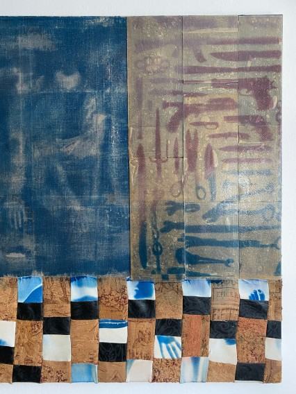 „Nigdy się nie dowiesz..."  2025  100 cm x 140 cm  tkanina/ cyjanotypia/ pleksi/ żywica epok/ papier