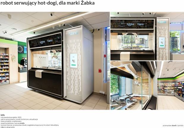 Zespół projektowy Przemysław Słowik, Szymon Hanczar, Magdalena Kasprzyca, ARS Retail, Velox Alpha, robot serwujący hot-dogi, dla marki Żabka, zdj. Ada Gruszka Zespół projektowy Przemysław Słowik, Szymon Hanczar, Magdalena Kasprzyca, ARS Retail, Velox Alpha, robot serwujący hot-dogi, dla marki Żabka, zdj. Ada Gruszka