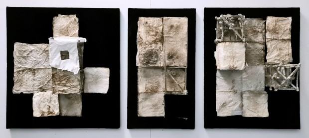 Marek Kulig, Syria – tryptyk I, II, III,  134x55 cm, assemblage, 2021 Marek Kulig, Syria – tryptyk I, II, III,  134x55 cm, assemblage, 2021