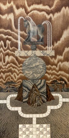 Marta Lissowska, Fontanna z jednorożcem, 2025  tempera jajowa, akryl i kolaż na płótnie jutowym  Wymiary: 50 × 100 cm