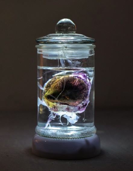 Monika Polak, AB#5, żywica syntetyczna, pigment, klej termotopliwy, woda, szkło, korek, wymiary zmienne, max rozm. naczynia 19 cm x 6 cm, 2023, DETAL 1 Monika Polak, AB#5, żywica syntetyczna, pigment, klej termotopliwy, woda, szkło, korek, wymiary zmienne, max rozm. naczynia 19 cm x 6 cm, 2023, DETAL 1