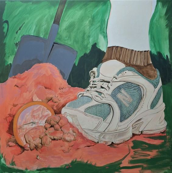 Piotr Tadeusz Mosur, Zakopywanie lustra, 2026 (Akryl na płótnie. Wymiary: 100 × 100 cm)