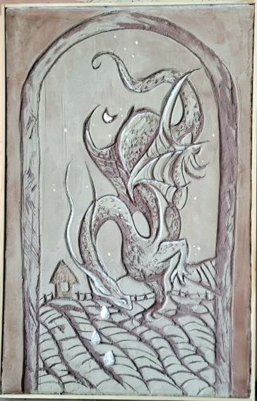 Karolina Matuszewska, Płacząca Smoczyca, 50x70 cm, sgraffito, 2024