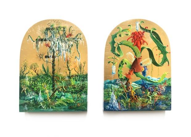 Tomasz Kulka, Zimnica Pospolita i Butelczak topniejący, tempera jajowa na desce, szlagmetal,19x26,5x3,5 cm,2023 Tomasz Kulka, Zimnica Pospolita i Butelczak topniejący, tempera jajowa na desce, szlagmetal,19x26,5x3,5 cm,2023