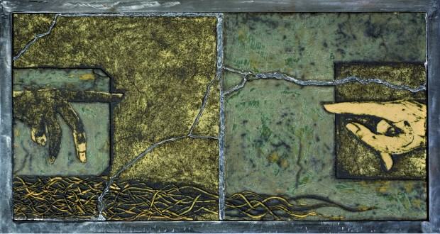 Bogna Kozera-Radomska, Ty czy ja, szamot szkliwiony, cyna, 110 52 cm, 2010 Bogna Kozera-Radomska, Ty czy ja, szamot szkliwiony, cyna, 110 52 cm, 2010