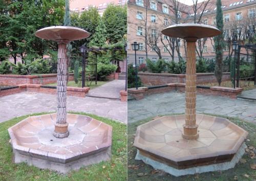 Michał Matuszczyk Fontanna ceramiczna z pocz. XX w. (dziedziniec ZUS we Wrocławiu) prze (lewe) i po (prawa) konserwacji.