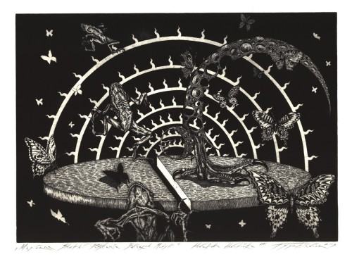 Przemysław Tyszkiewicz, Magiczne skutki połykania świerzych motyli, 94 x 67, akwaforta,akwatinta, 2003