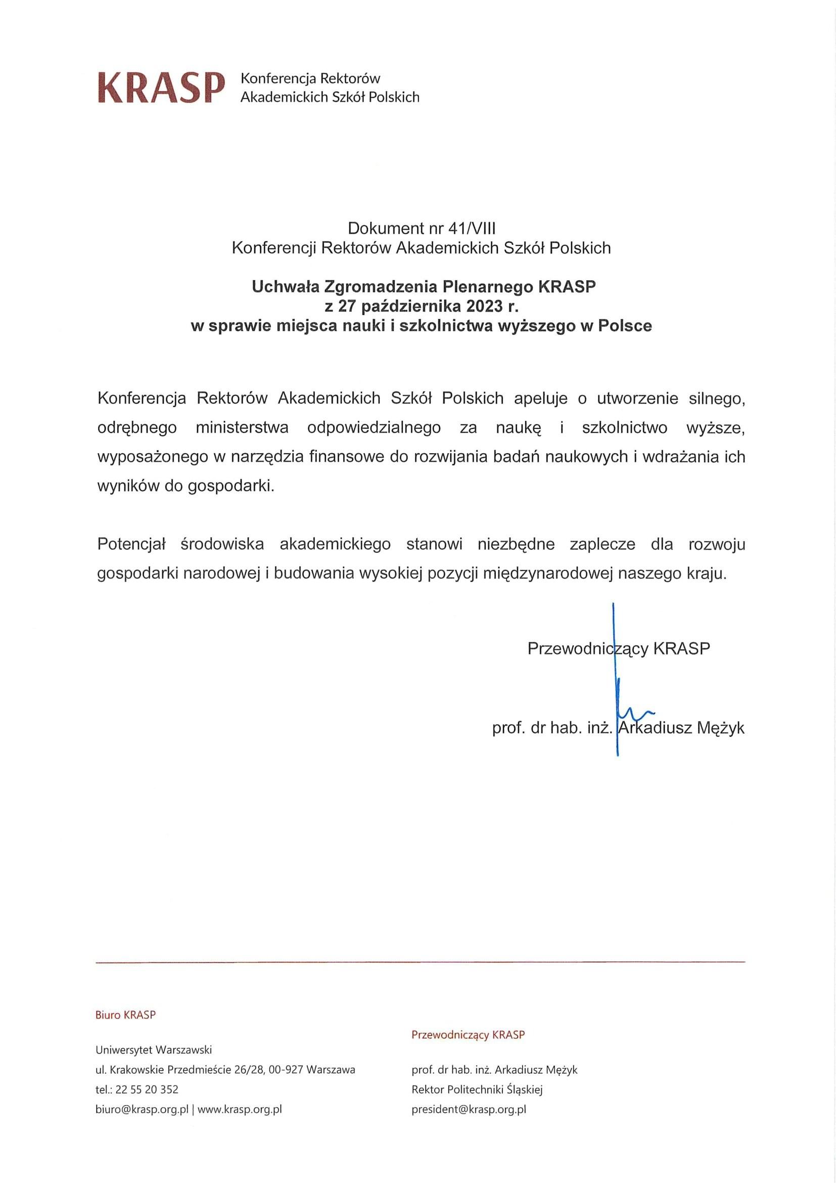 KRASP - Uchwała z 27 października 2023 r.