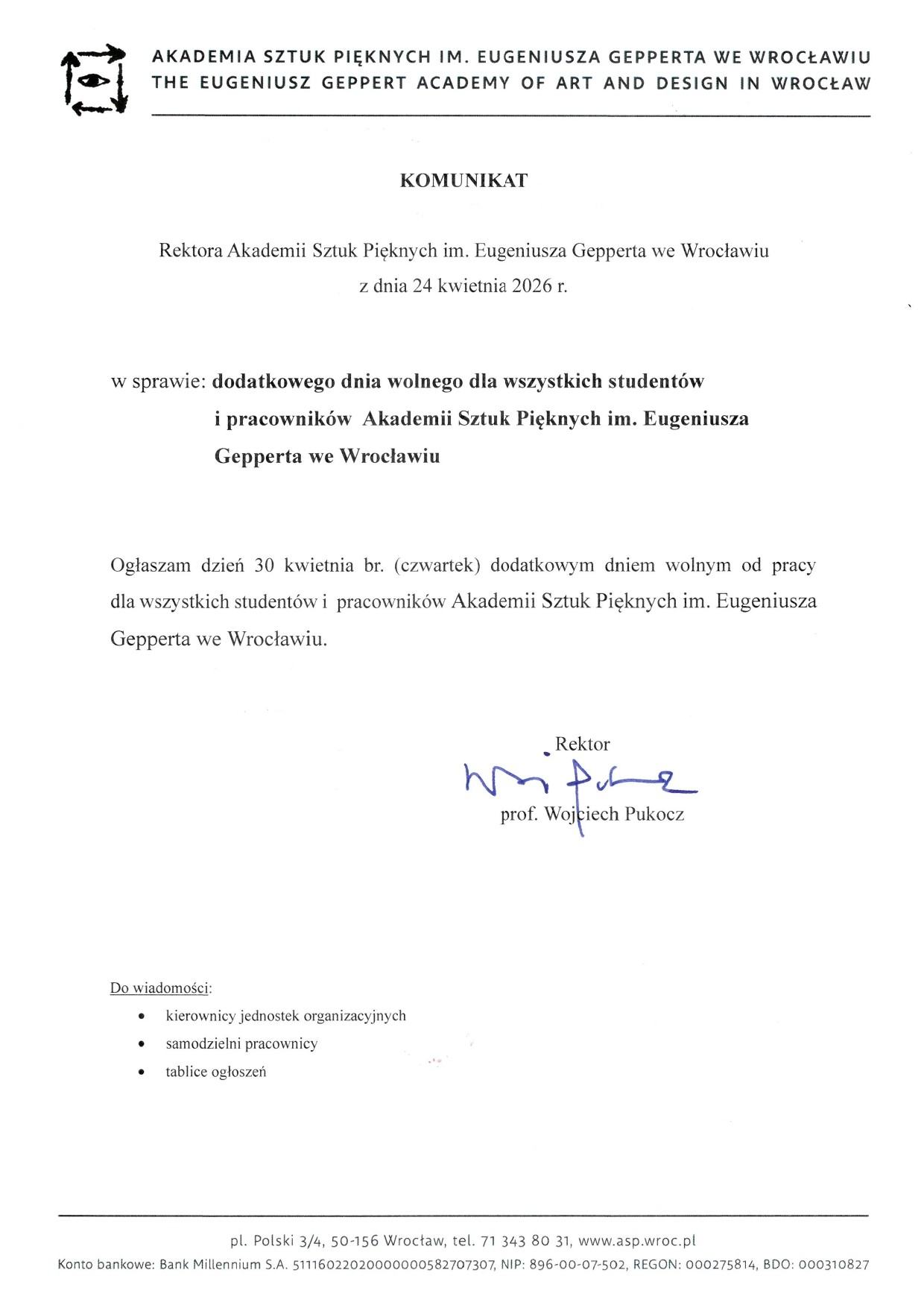 komunikat rektora